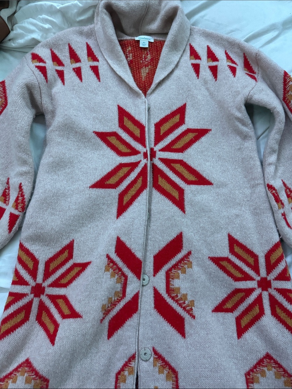 Red & Cream Geometric Shawl-Collar Cardigan Sweater Dress Like
